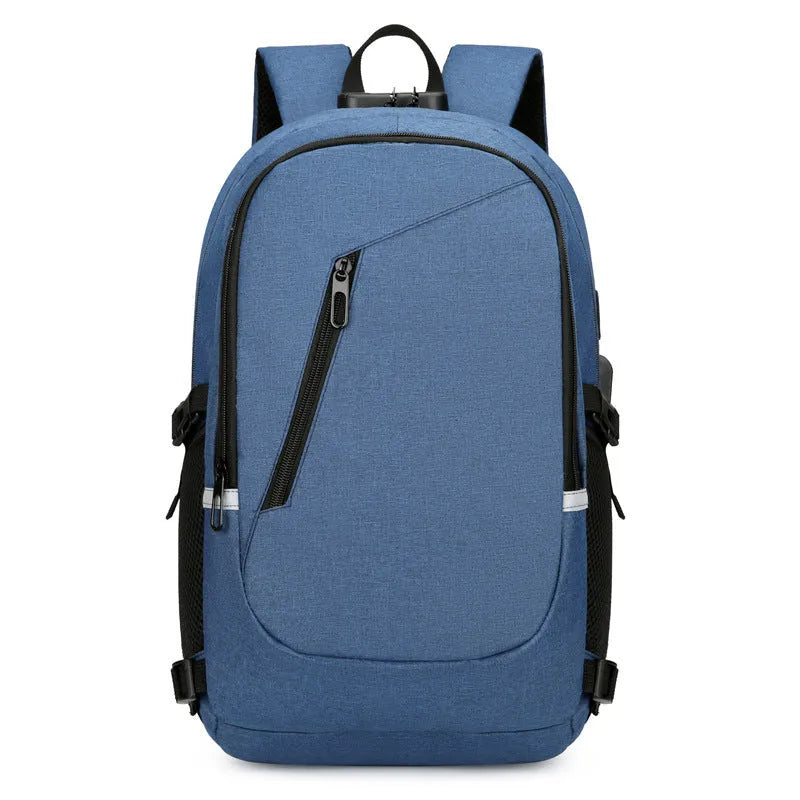 Blue Oxford cloth computer backpack for travel with laptop compartment.