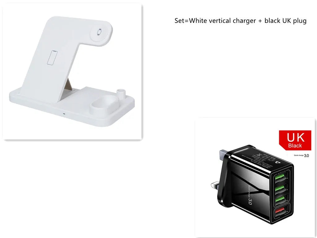 4-in-1 foldable wireless charging station showing phone, Apple Watch, and AirPods charging on adjustable stand