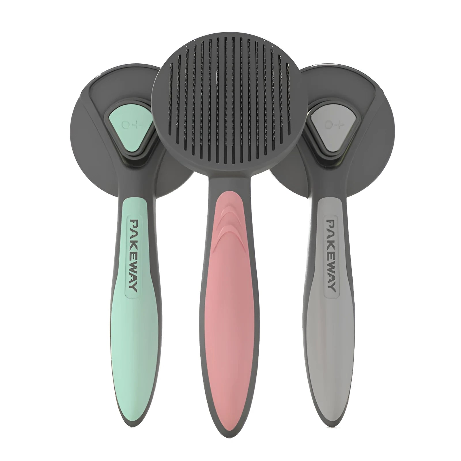 Pet floating hair combing brush in mint green, engineering plastic handle, 193mm length on white background