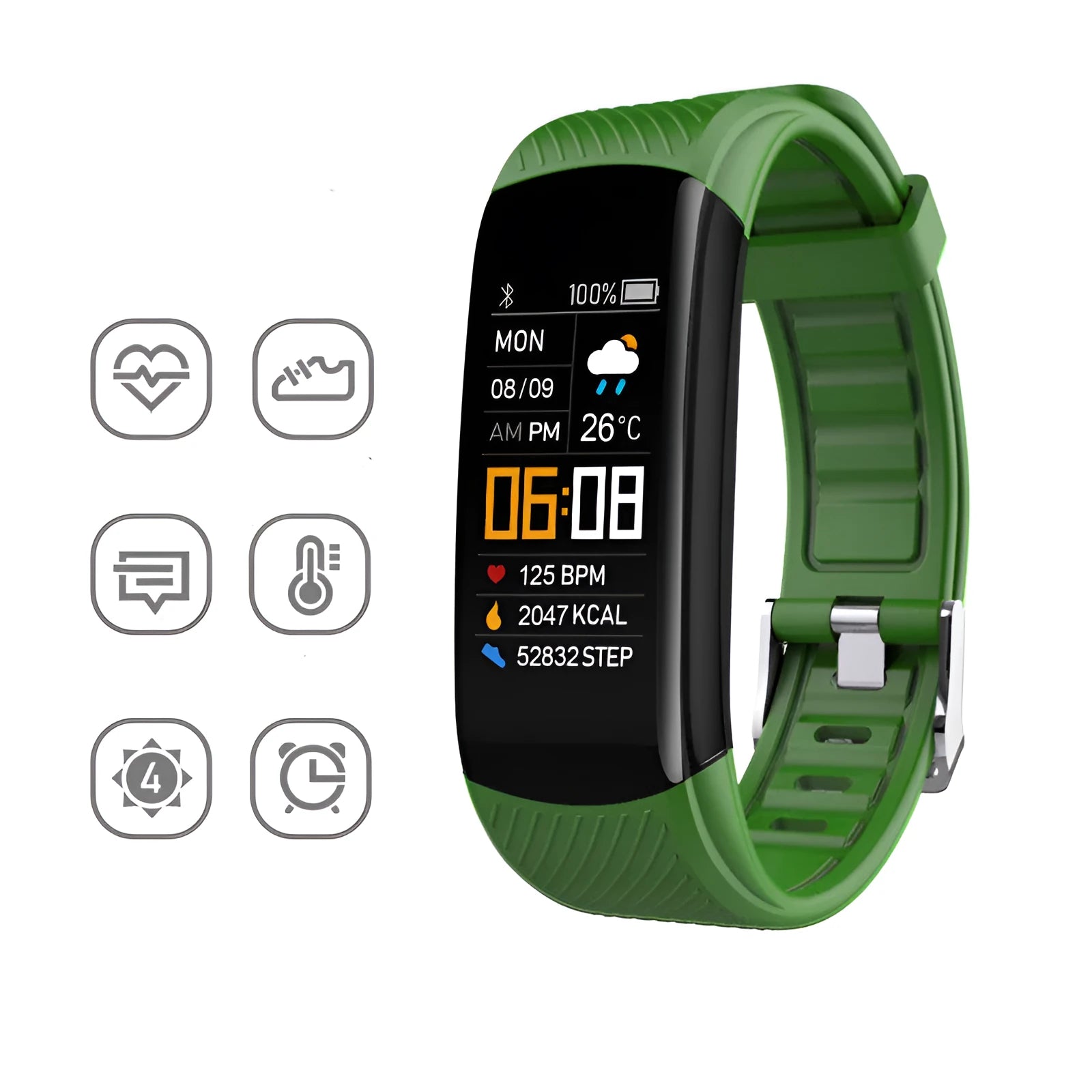 C5S model sports pedometer bracelet in various colours on a wrist, showing 0.96-inch screen.