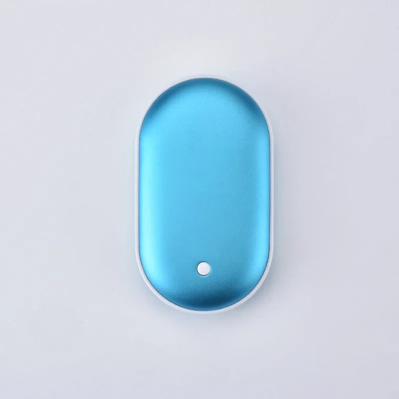 Rechargeable mini hand warmer and power bank device showing compact design with USB port and digital display