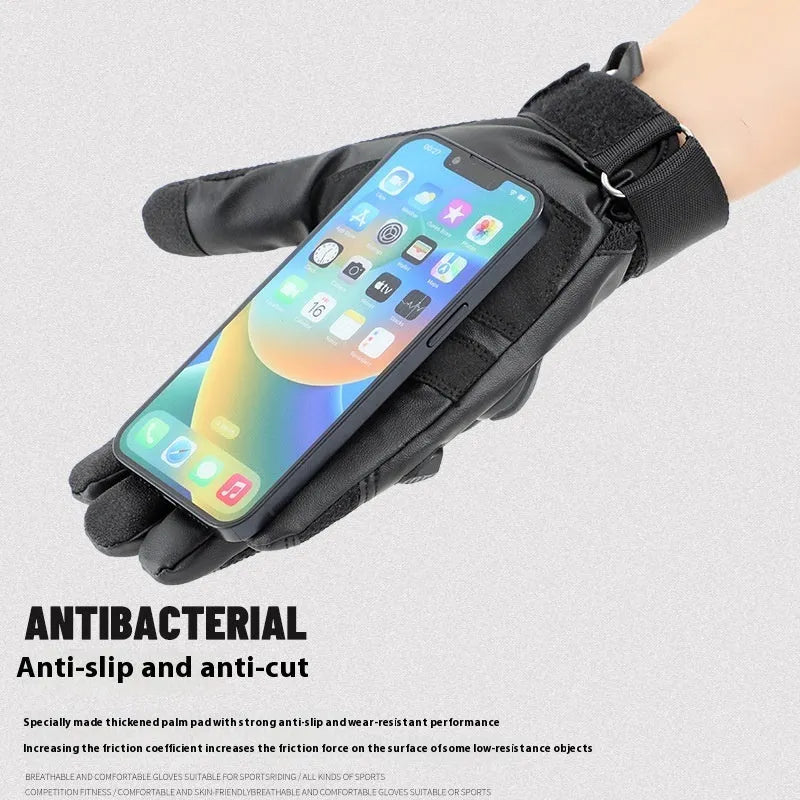Men's black full finger tactical gloves with breathable fabric and touchscreen capable fingertips.