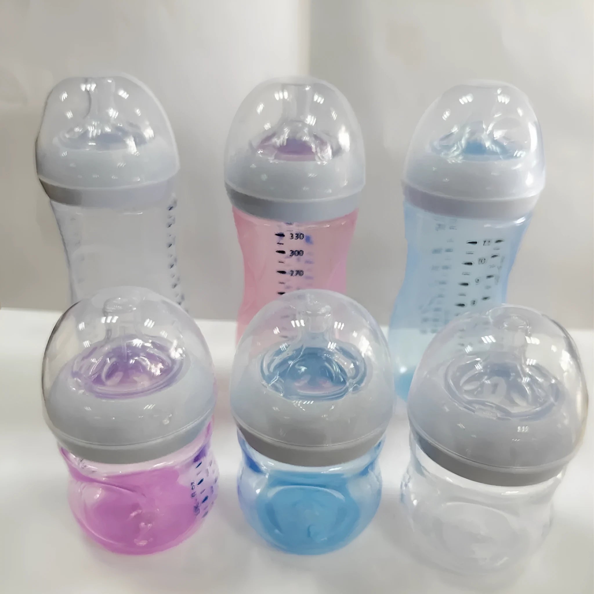 Baby petal nipple feeding bottle 125ml and 330ml, transparent pink purple light blue, no handle