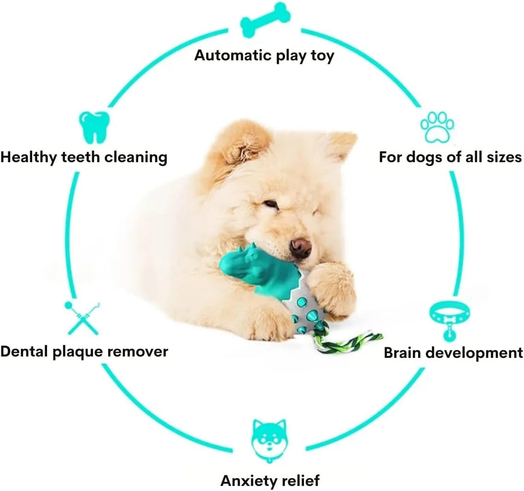 Blue durable dinosaur-shaped dog chew toy with rope for aggressive chewers