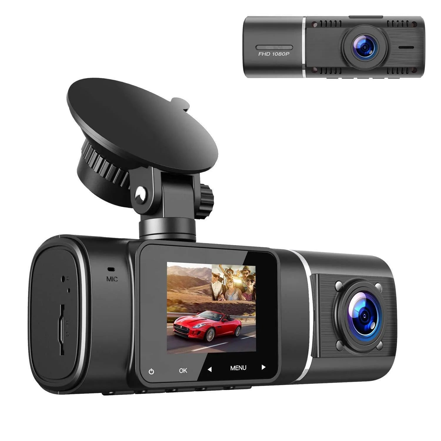 Standard black 1080p dual recording dash cam with a 1.5-inch screen on a car windscreen.