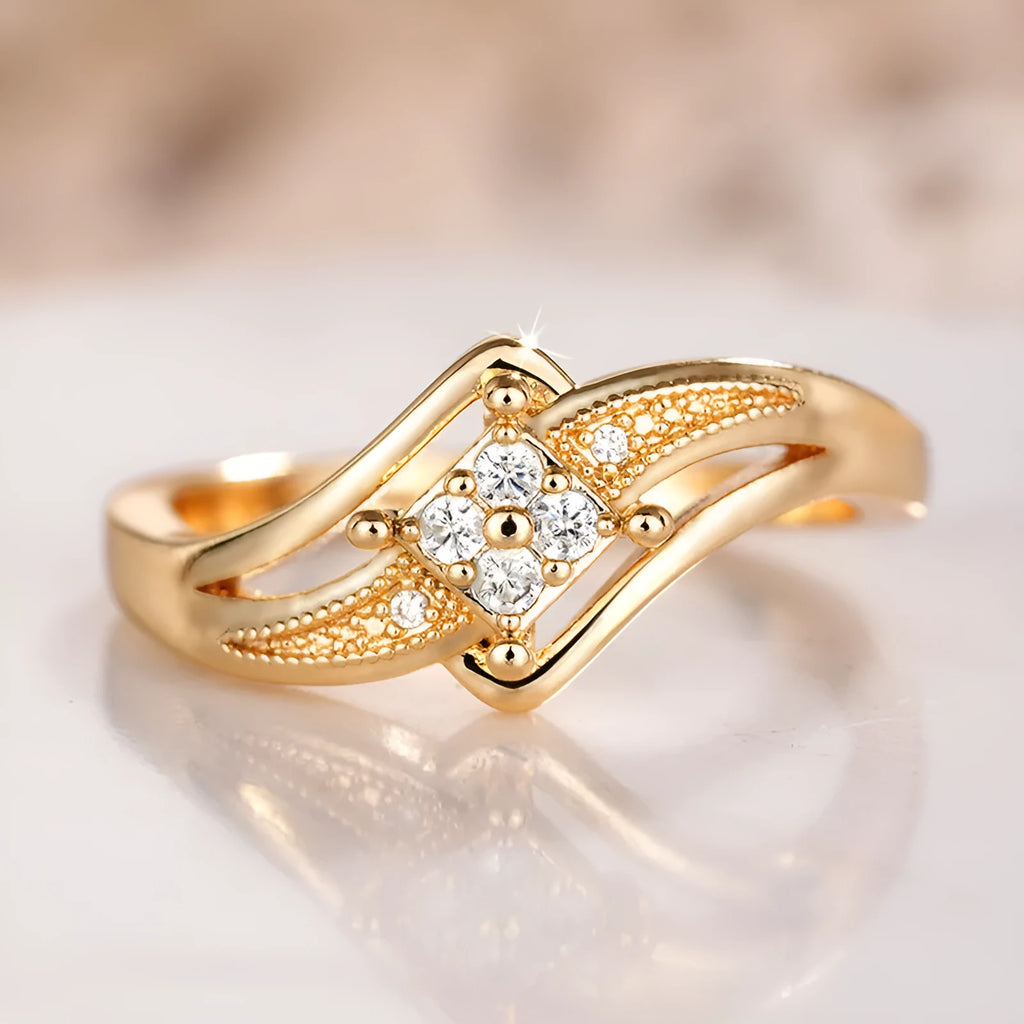 Women's yellow gold coloured copper diamond ring with micro-inlaid zircon geometric design