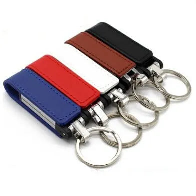 Leather USB flash drive with keychain ring, USB 2.0 interface, available in black, blue, brown, red, white, 16GB or 32GB