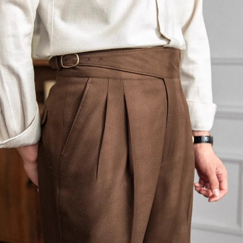 Men's high waist straight leg casual trousers in polyester available in black, white, khaki, and brown colours
