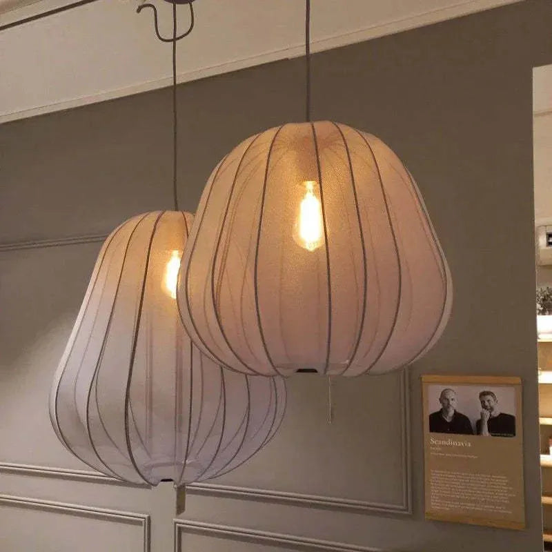 Japanese-style net pumpkin shape ceiling light with iron branch design in grey blue or white finish.
