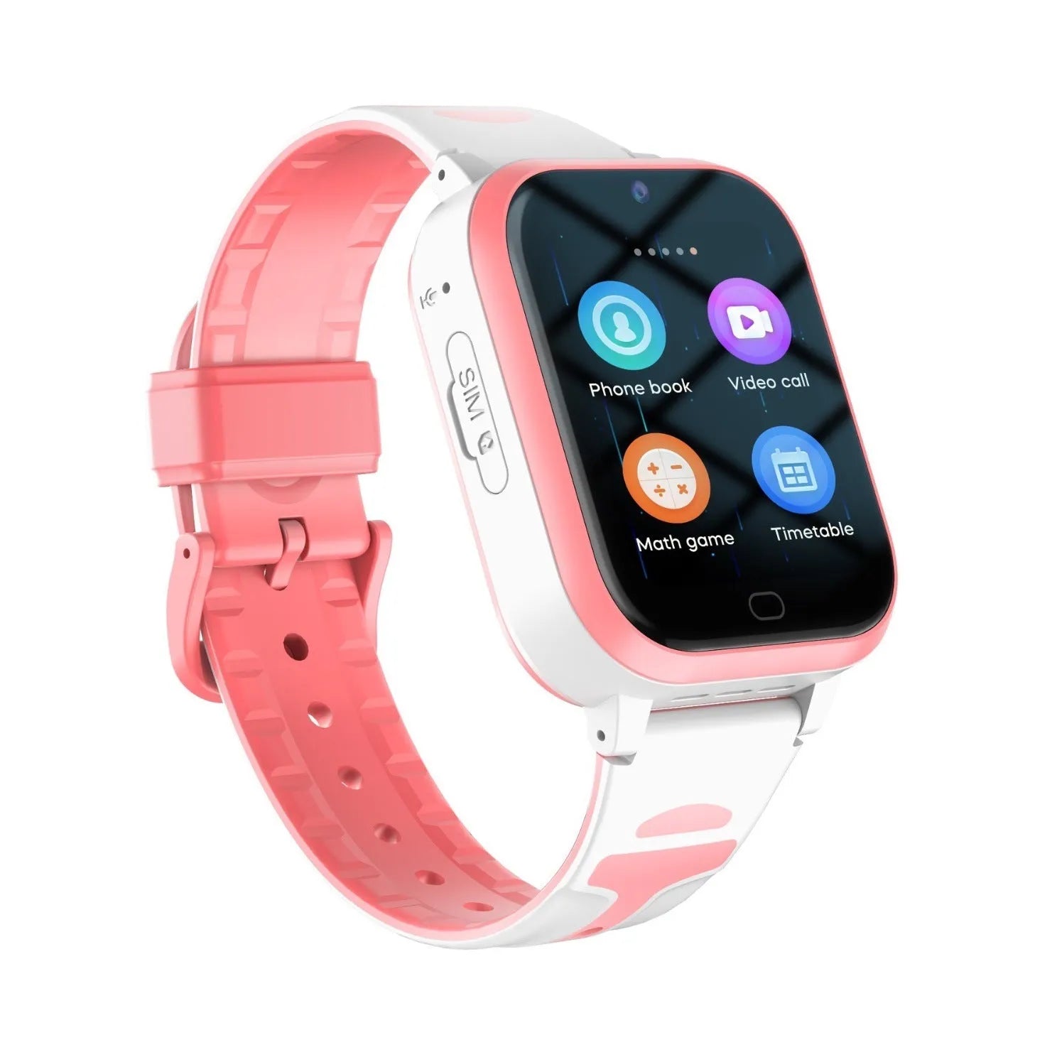 Child's smartwatch with colour touch screen on a wrist strap, showing video call interface