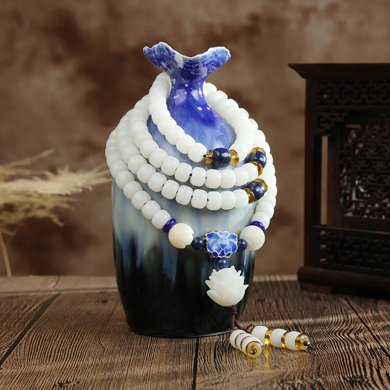 White jade Bodhi bead bracelet with 6x8mm beads in multiple design styles