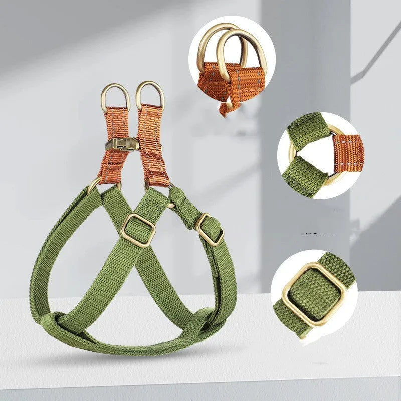 Brown vest-style dog leash harness with nylon straps and alloy buckle for small breeds