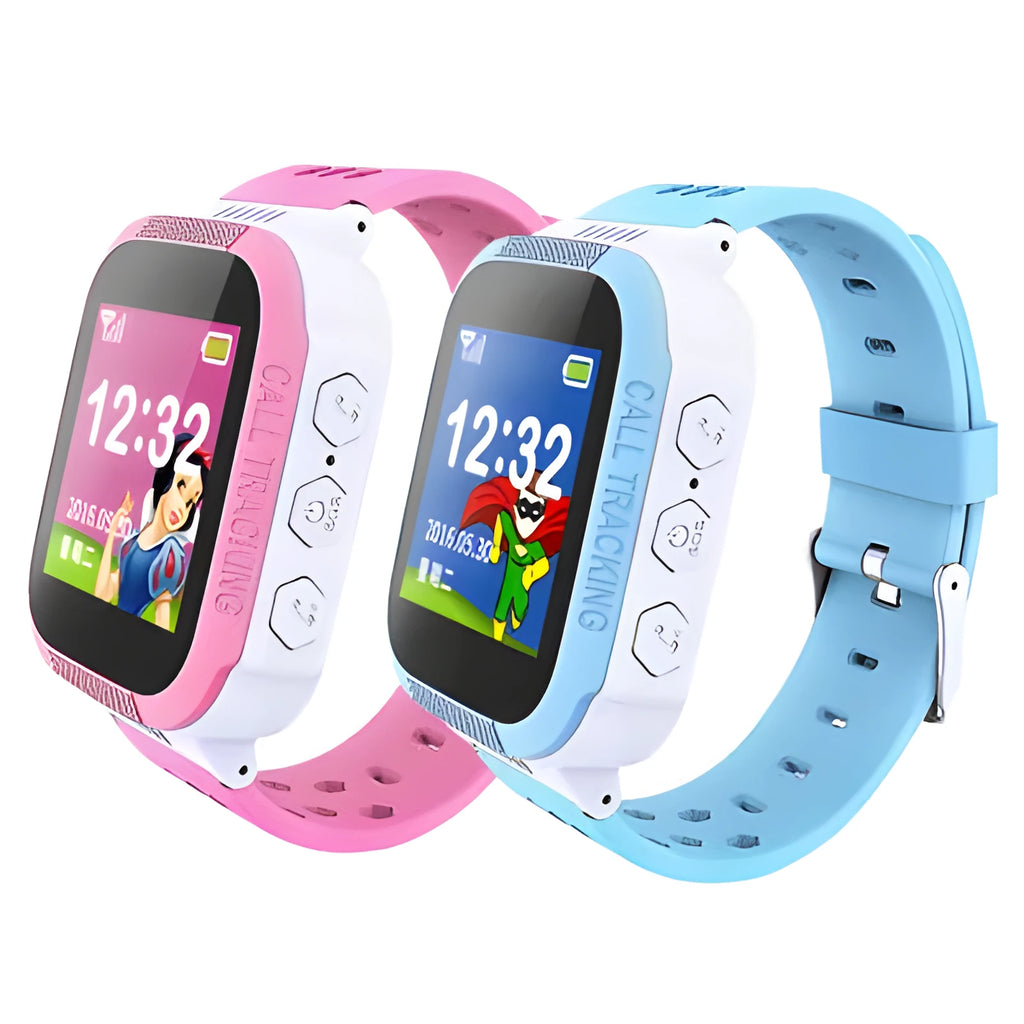 Blue and pink children's phone watch with 1.44 inch IPS screen showing dual language interface