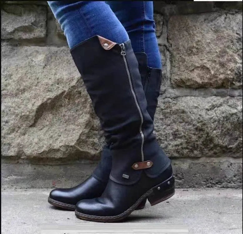 Women's high heel booties with round toe and rough heel in artificial PU – black colour side view