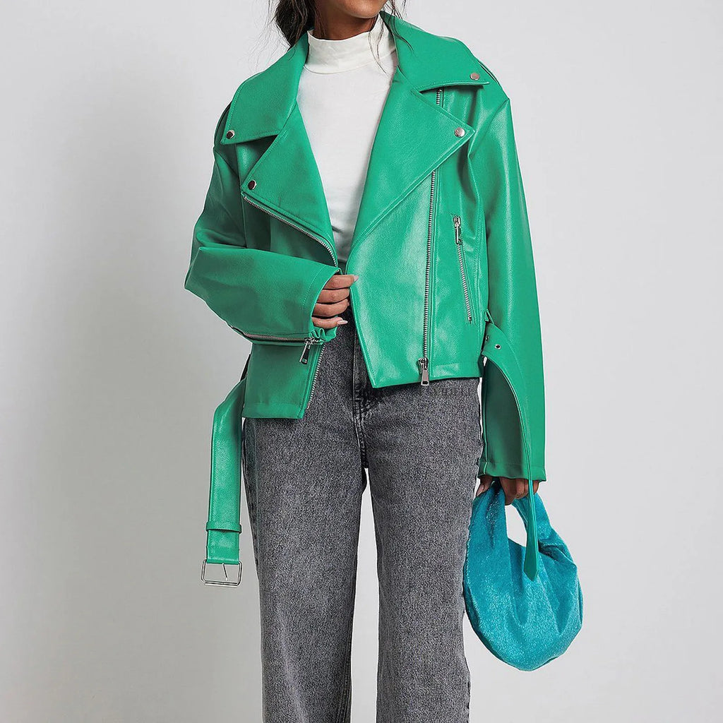 Punk style leather jacket in polyester fabric with locomotive design and Peter Pan collar