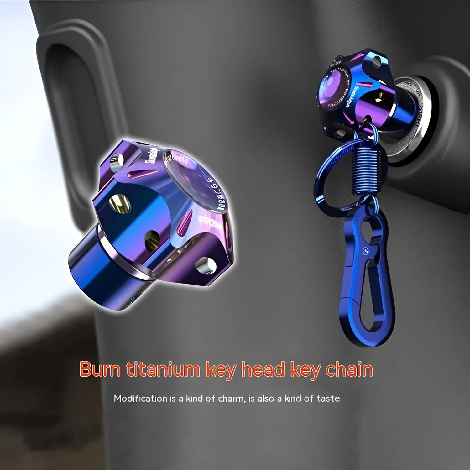 Motorcycle key covers in hexagonal, pentagram and plum blossom designs with blue and white keychains