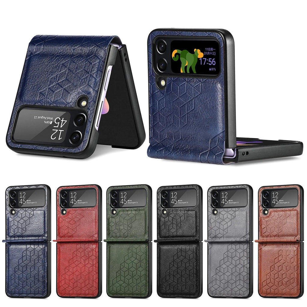 Solid colour rhombus leather pattern PU phone case for Samsung ZFLIP4 in black, showing back cover with textured surface