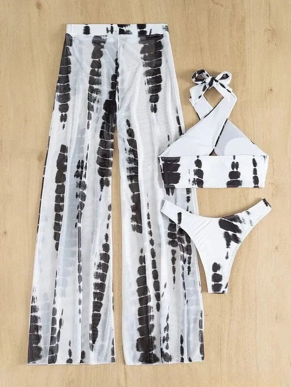 Women's black printed three-piece swimsuit set with bikini top and mesh trousers