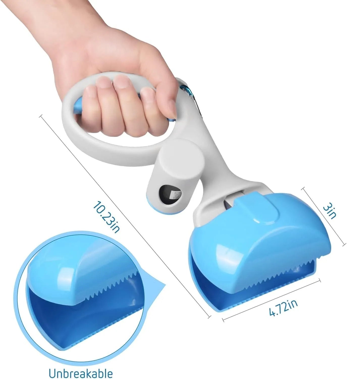 A blue plastic pet pooper scooper with a built-in holder for a roll of waste bags.