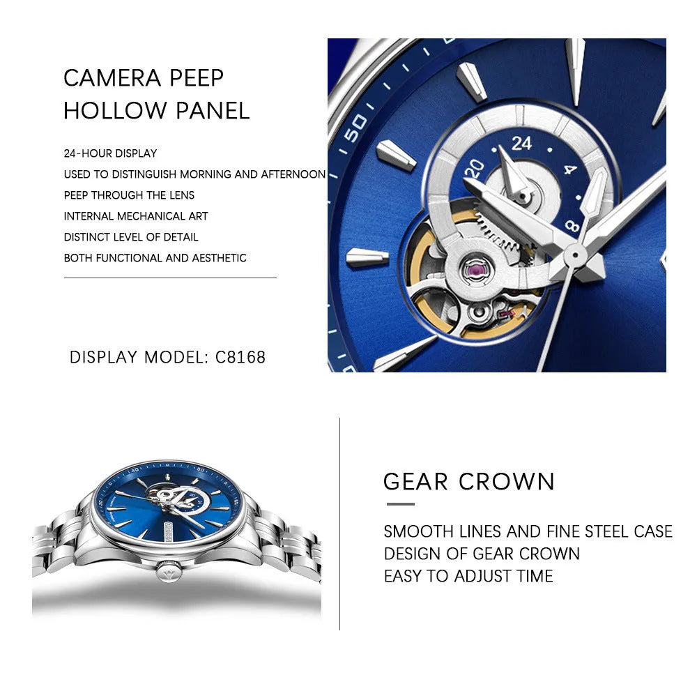 Business and leisure mechanical watch with 42mm dial, luminous display, and stainless steel strap
