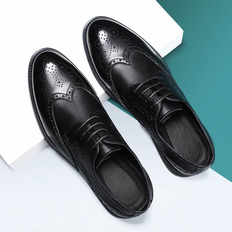 Men's black and brown brogue Oxford style formal shoes with perforated detailing.