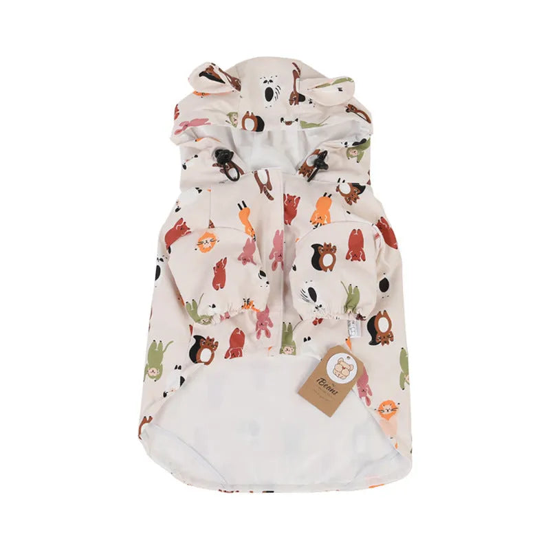 Beige dog raincoat with cartoon print, showing double waterproof PU coating and available in sizes S to XXL.