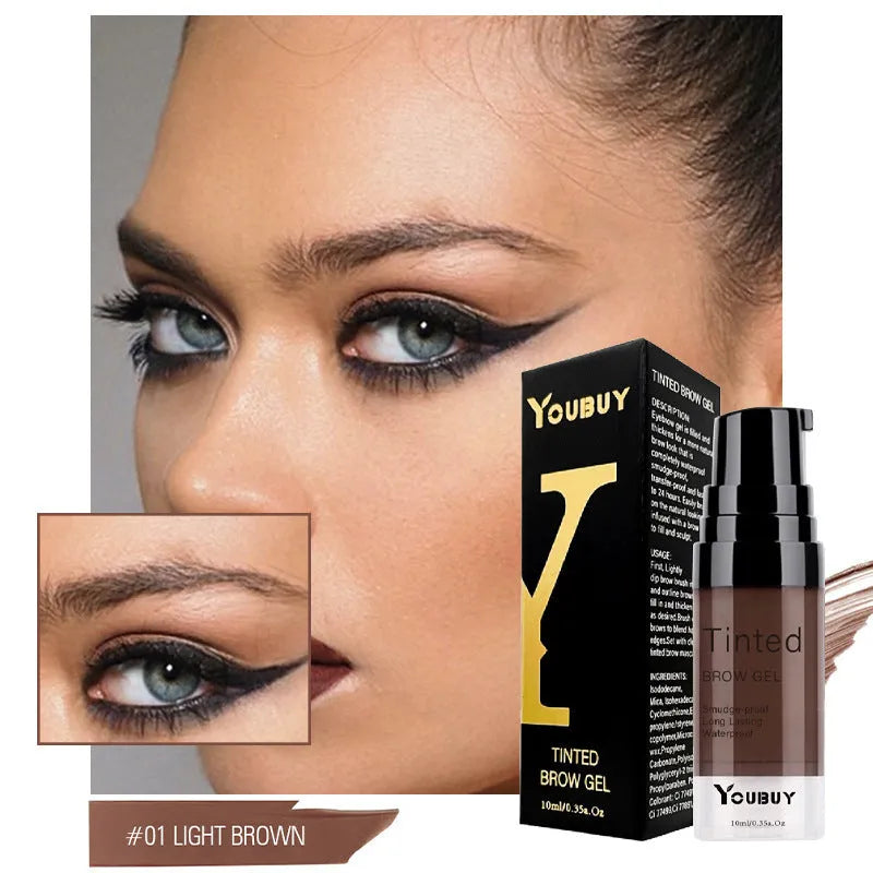 Waterproof brow cream tube in dark grey and golden yellow colours for eyebrow definition