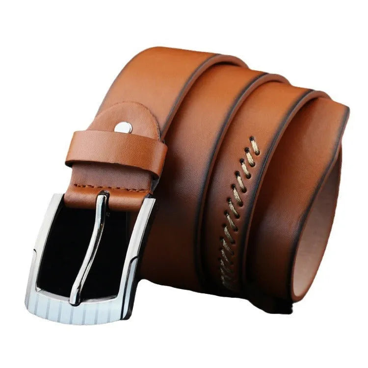 Men's threading casual belt with retro pin buckle in black imitation leather