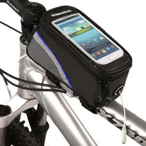 ROSWHEEL PVC bicycle frame phone bag in black mounted on bike frame showing iPhone compatibility