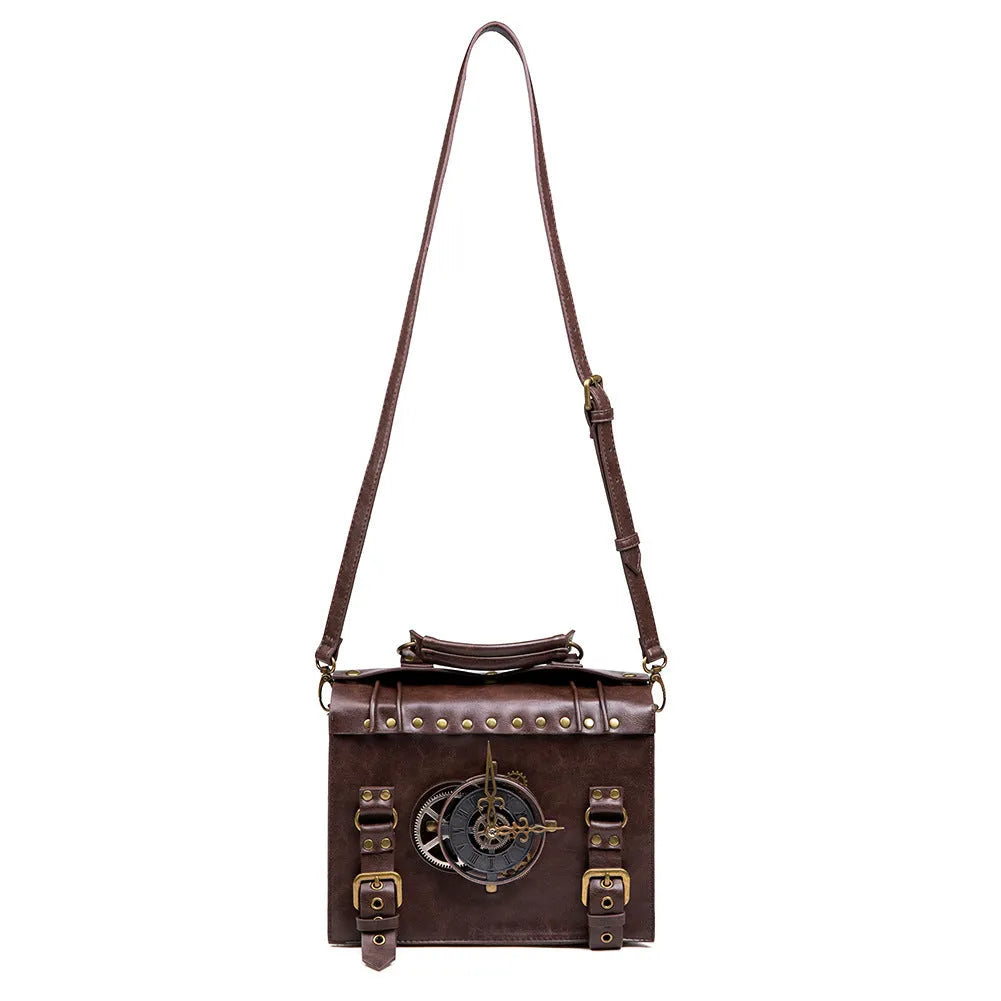 Bronze steampunk industrial retro style shoulder bag with metal hardware and square pillow design