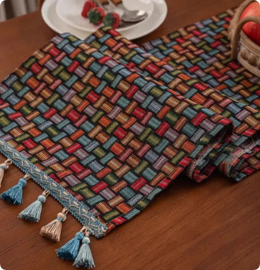 European country style table runner with handwoven tassels in cotton-polyester blend fabric
