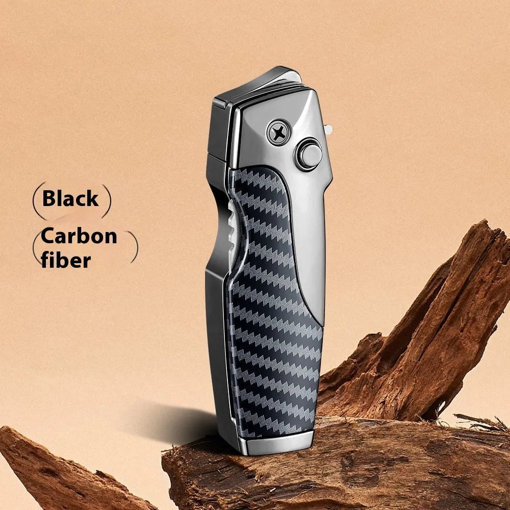 Metal folding outdoor lighter with integrated knife in a zinc alloy case, showing various colour options.