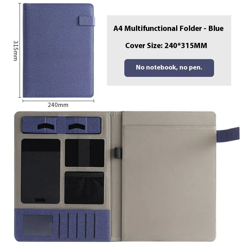 Leather A4 business folder in black, open to show interior with optional pen and notepad.