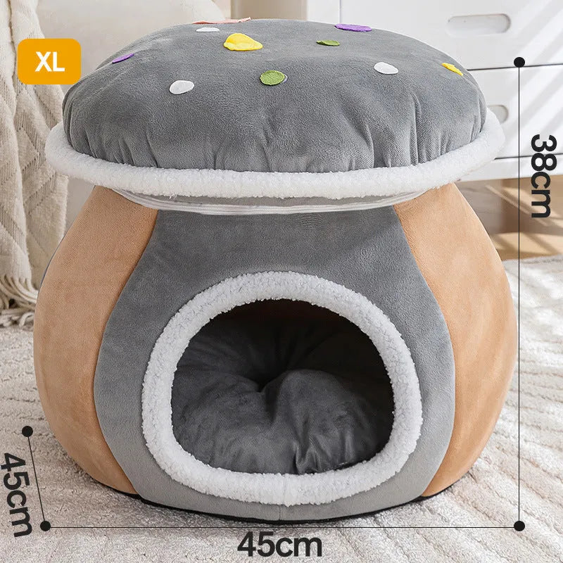 Mushroom-shaped plush cat bed in purple, pink, or grey colours