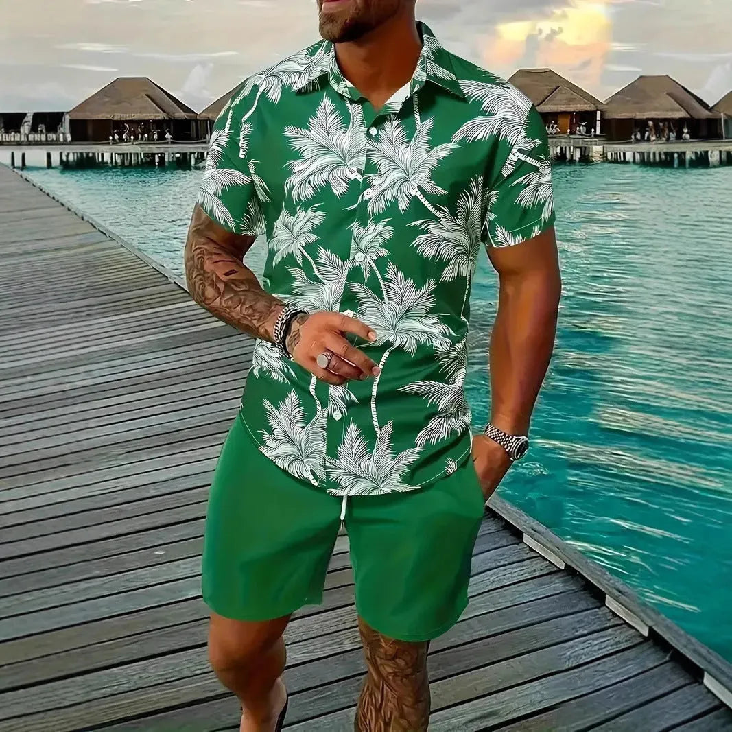 Men's 3D printed Hawaiian style short sleeve top and matching shorts summer suit