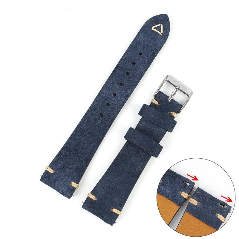 Genuine suede leather watch strap in brown blue gray army green colours small waist design