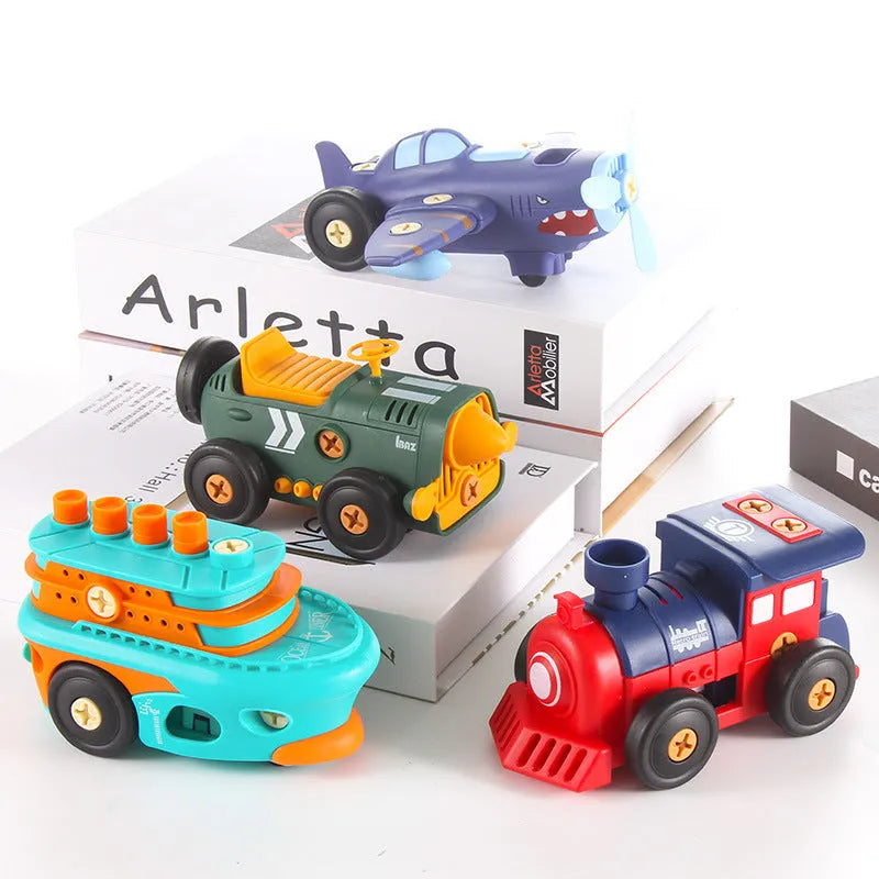 Plastic screw assembly toy vehicles for children aged 4-6, including plane, ship, car, and train with screwdriver and instructions
