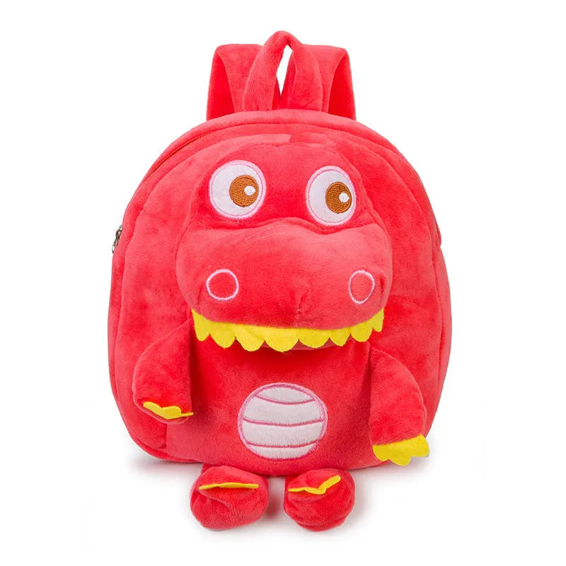 Children's dinosaur plush backpack with embroidery detail and soft handle in blue colour option