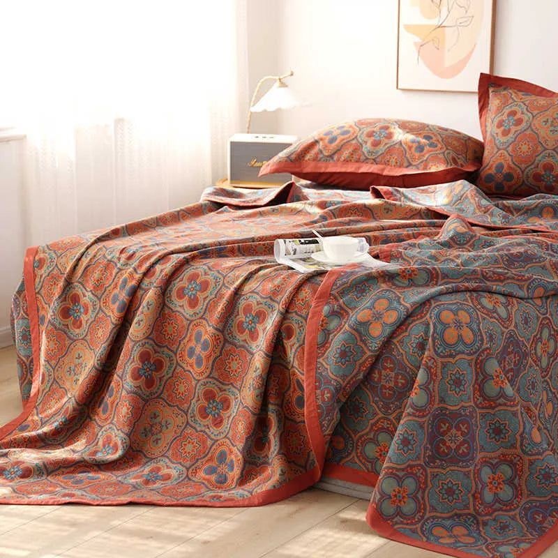 Cotton gauze bed blanket and pillowcase set with botanical plant and flower pattern design