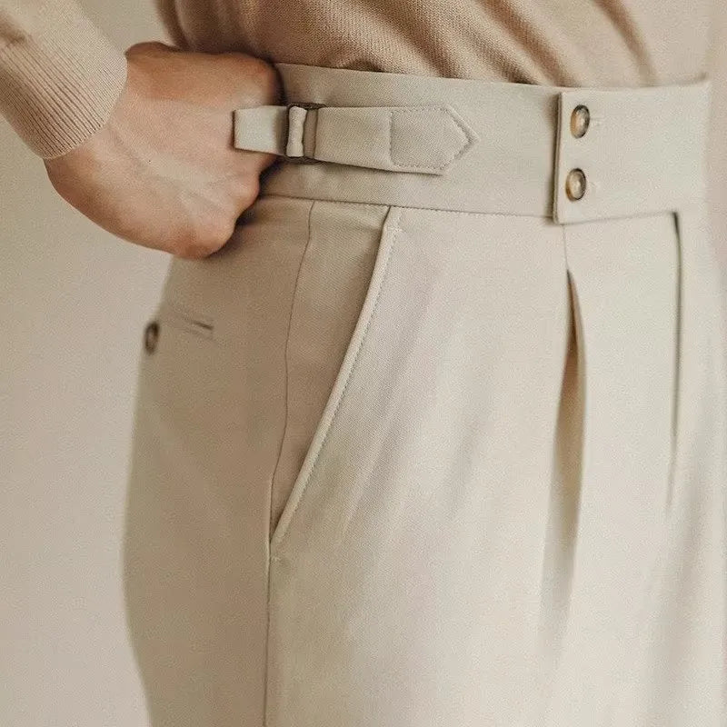 Men's slim fit straight-leg suit trousers in black, white, and apricot colours.