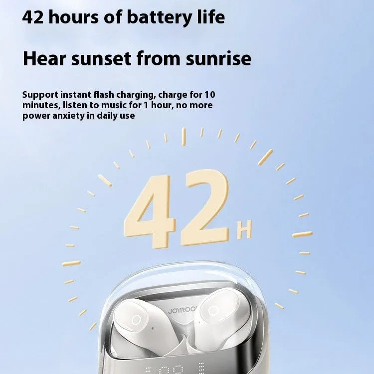 Wireless Bluetooth 5.3 in-ear earbuds with charging case in Dawn White, Starry Sky Black, or Purple.