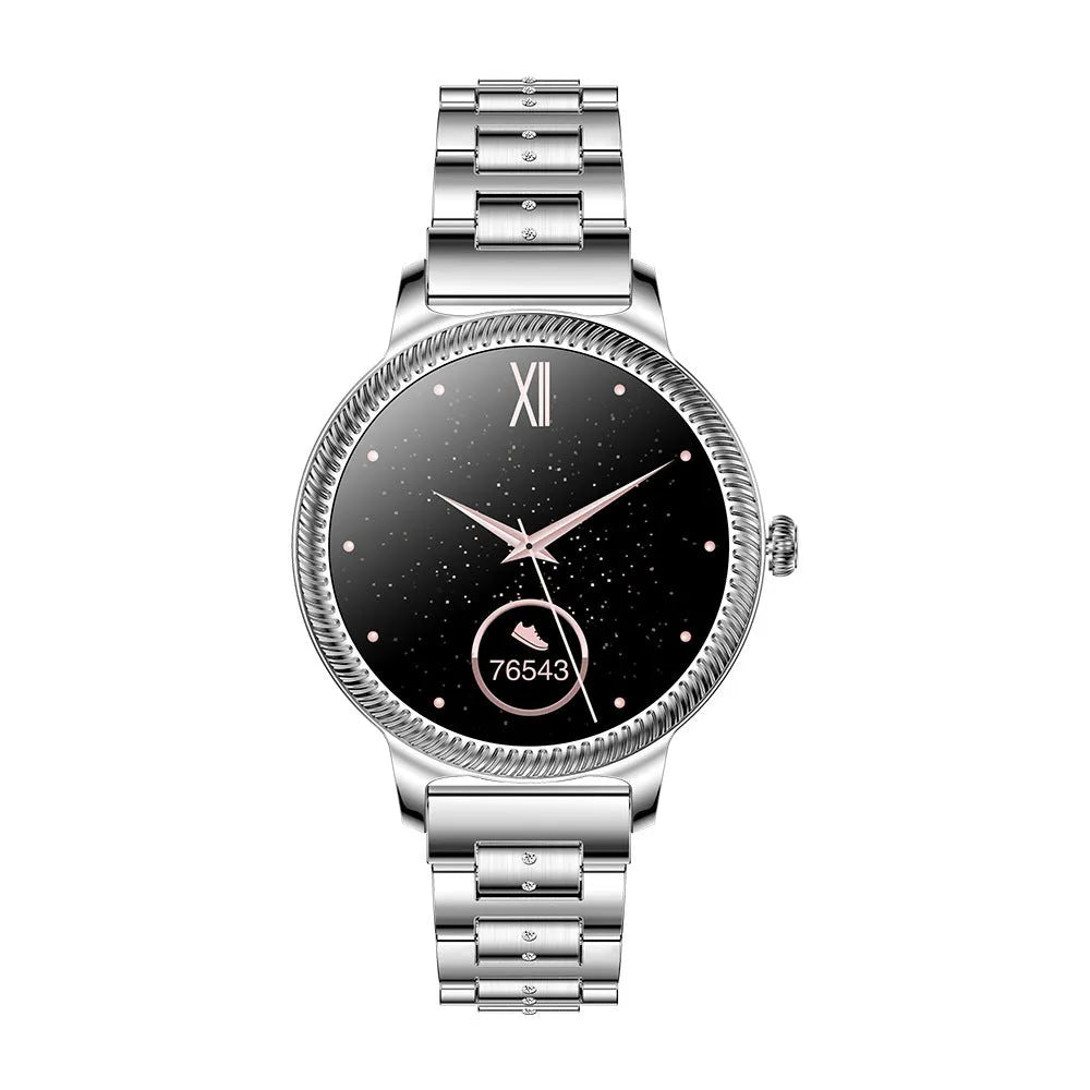 AK38 ladies smart watch with stainless steel Milanese band and 1.09-inch colour screen.