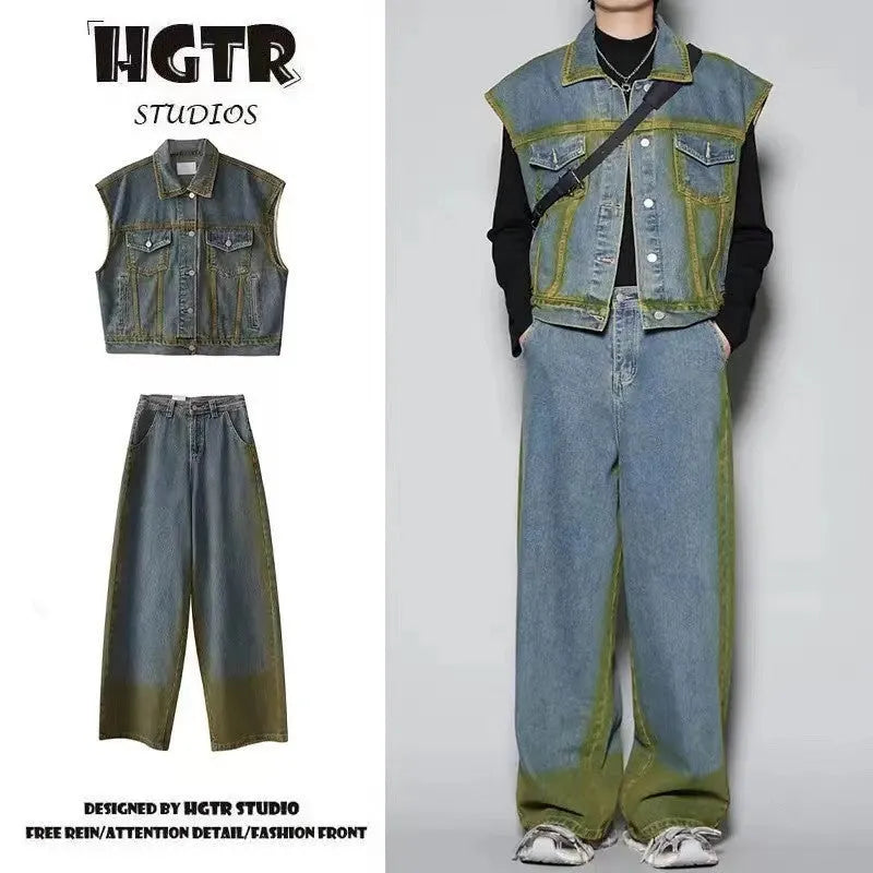 Distressed blue jeans and sleeveless vest two-piece set with spray colour gradient finish and fleece lining