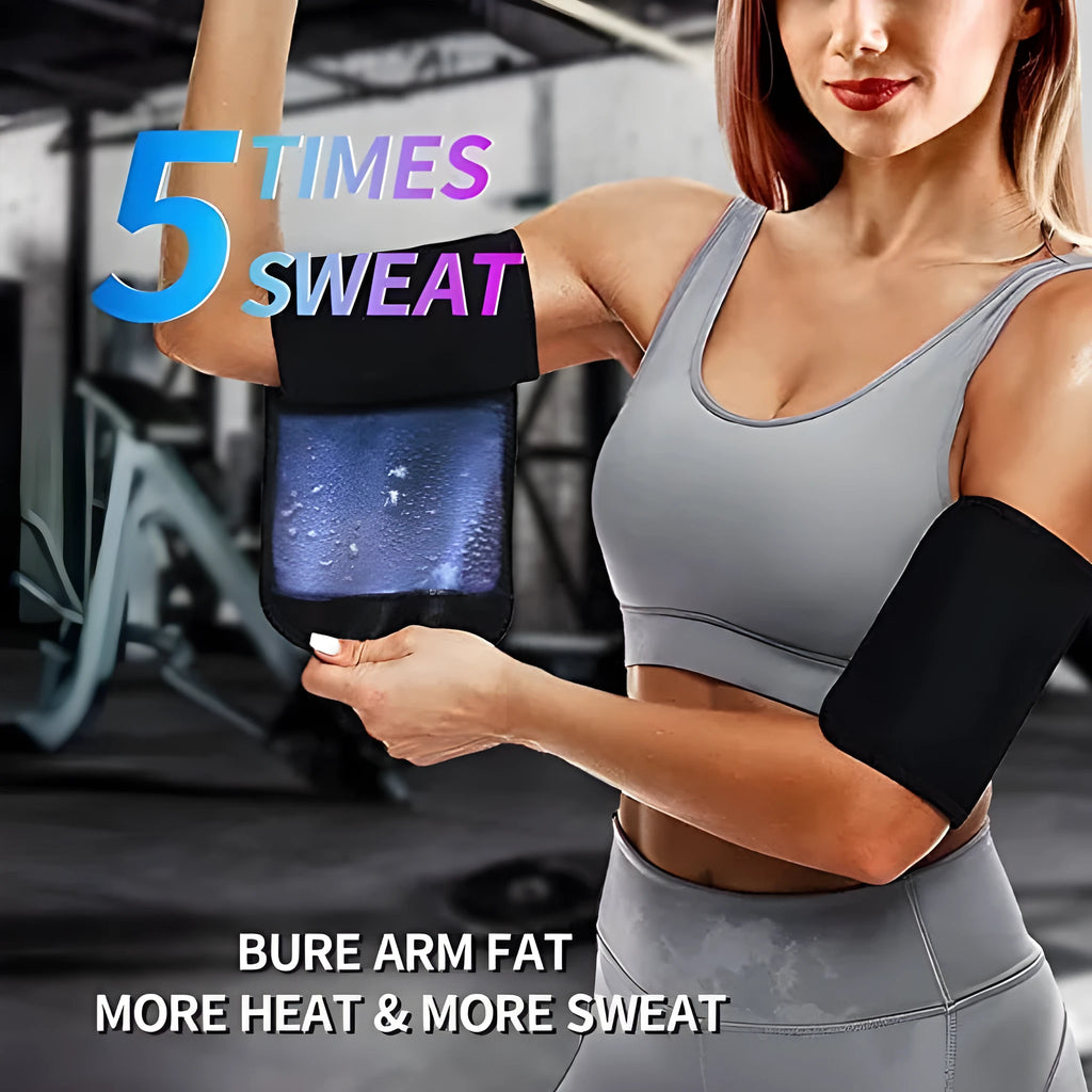 Blue compression arm band with a separate black wrist support strap laid flat.
