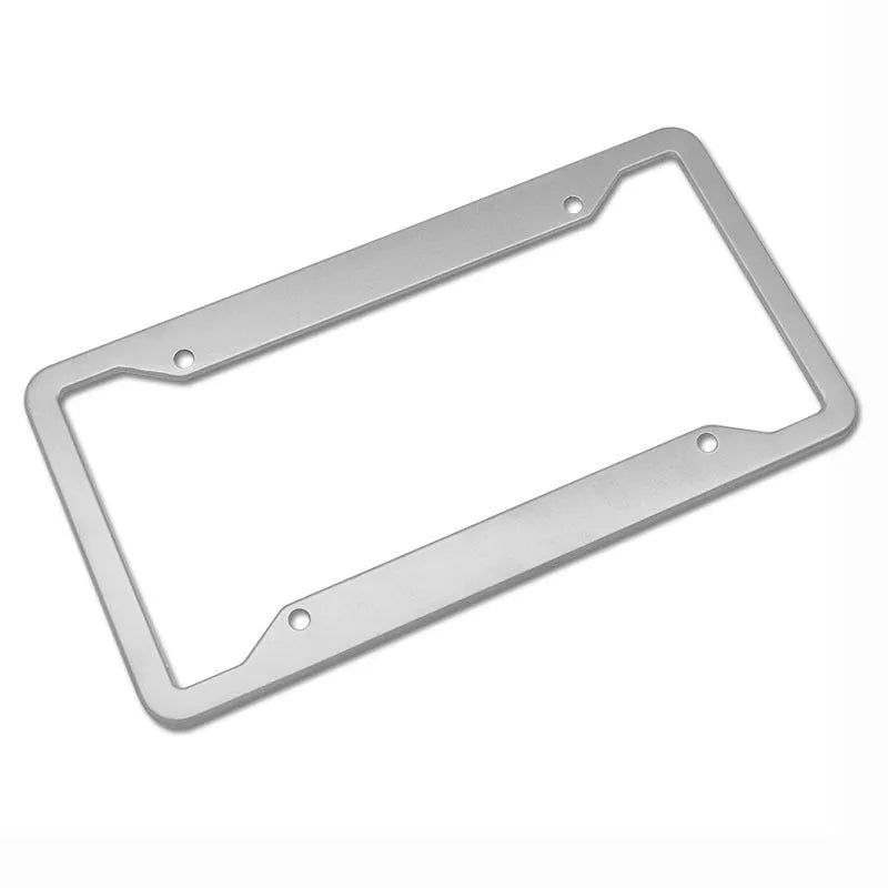 Aluminium alloy license plate frame in black, light grey, sandblasted silver, or stainless steel finish