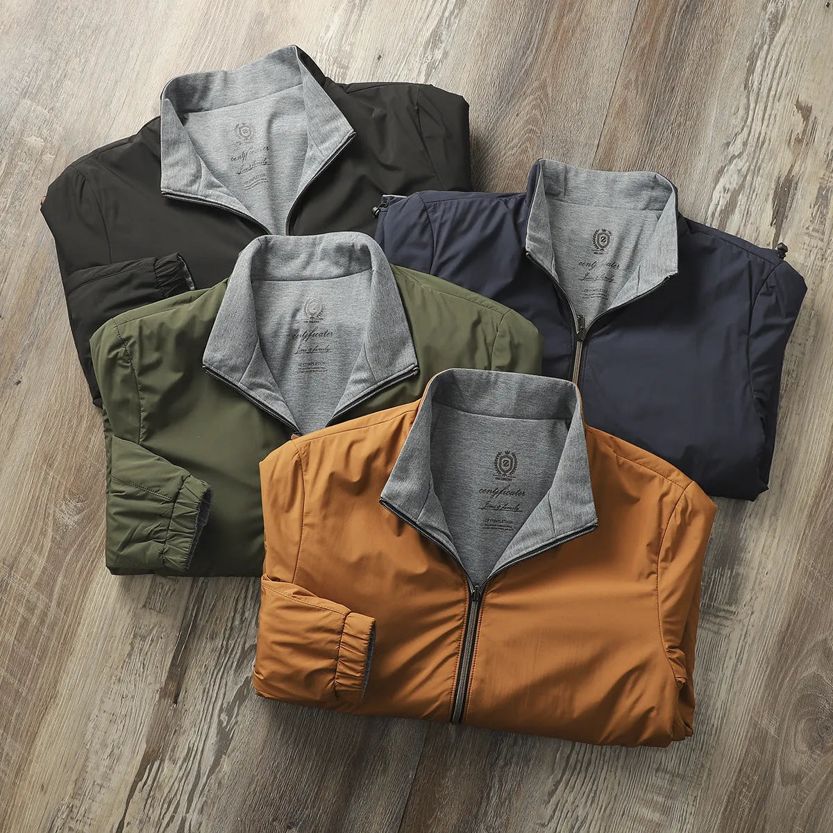 Men's stand collar casual jacket in army green with a simple design and regular sleeves.