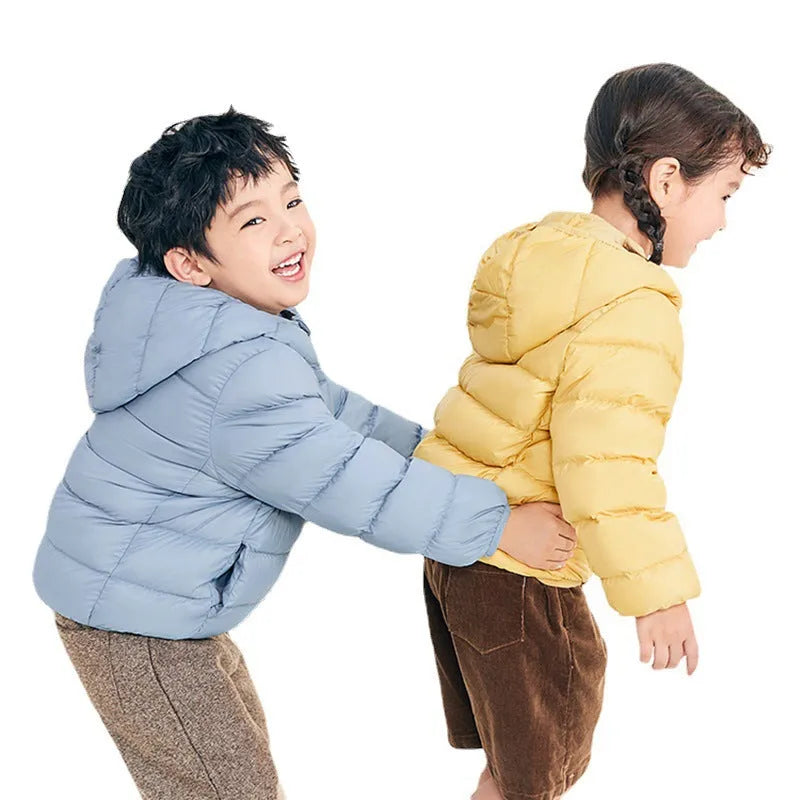 Children's nylon hooded down jacket in solid colour for boys and girls