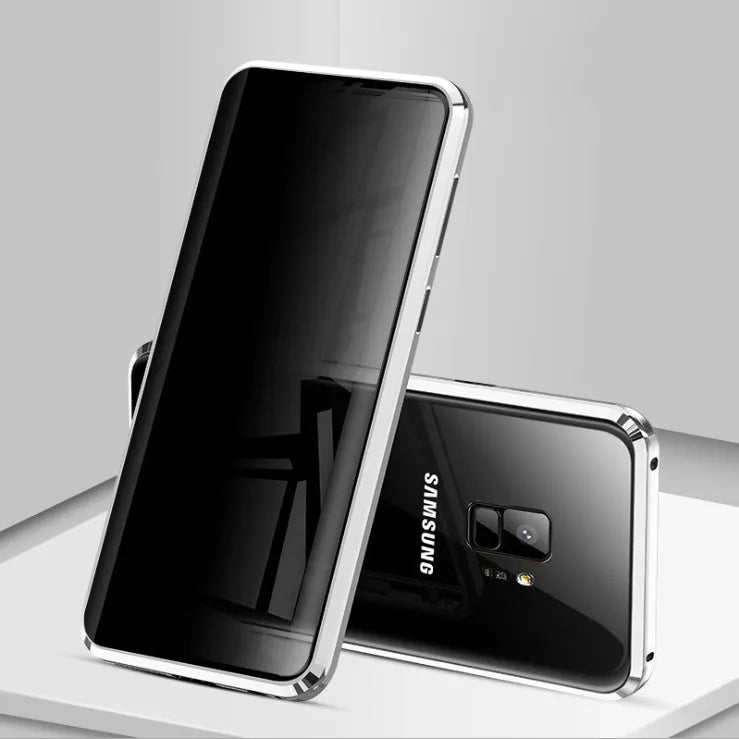 Samsung anti-peeping magnetic phone case in clamshell design with privacy screen and double-sided glass protection