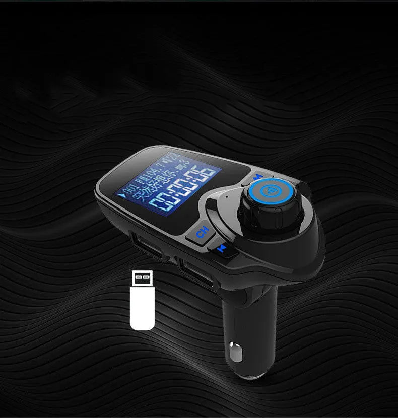 Black G7 car Bluetooth FM transmitter and hands-free kit with USB port and TF card slot.