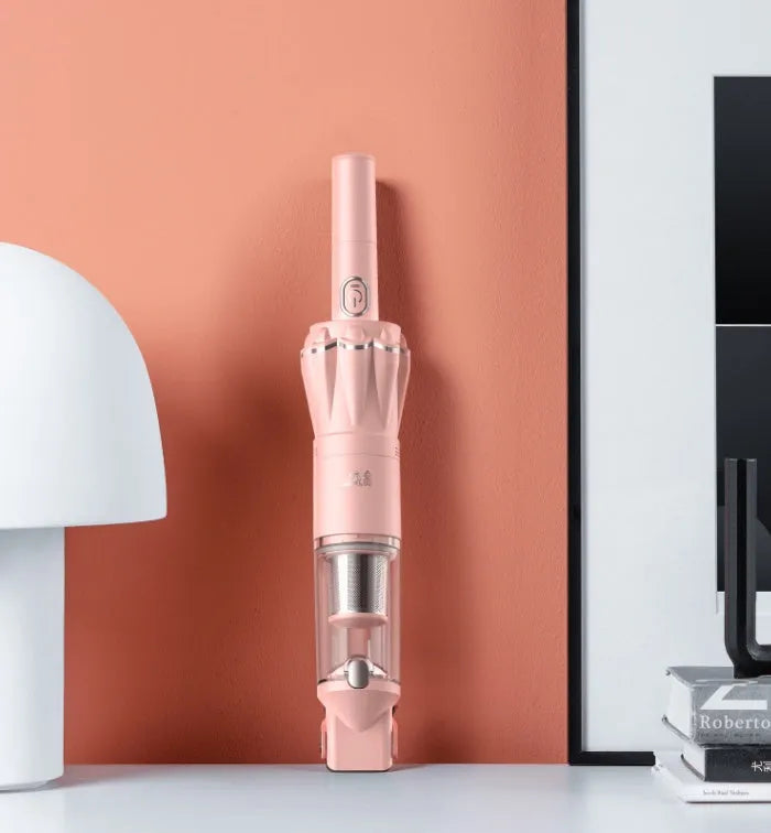 Pink wireless desktop vacuum cleaner with flat nozzle and brush, H13 HEPA filter, 13,000Pa suction